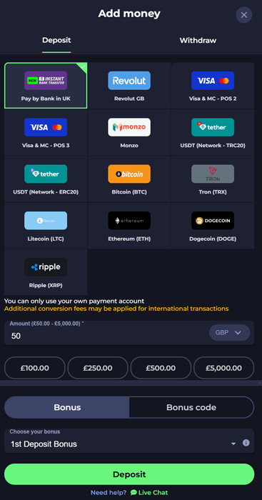 PitBet Casino Payment Methods